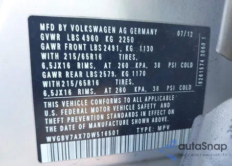 2013 Volkswagen Tiguan S из США, поврежденный, VIN WVGBV7AX7DW516501